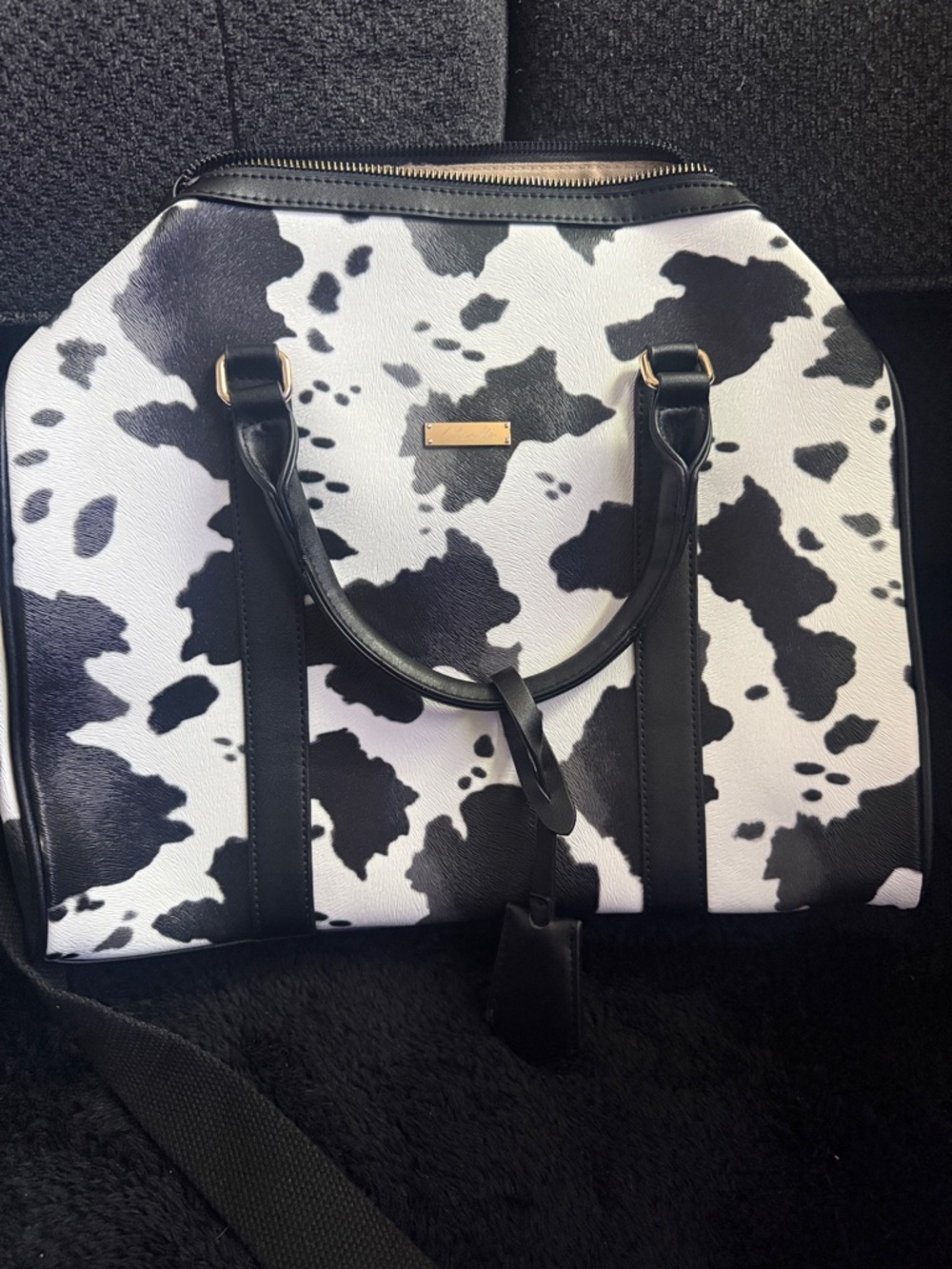 Black & White Cow Print Satchel Handbag - Unbranded